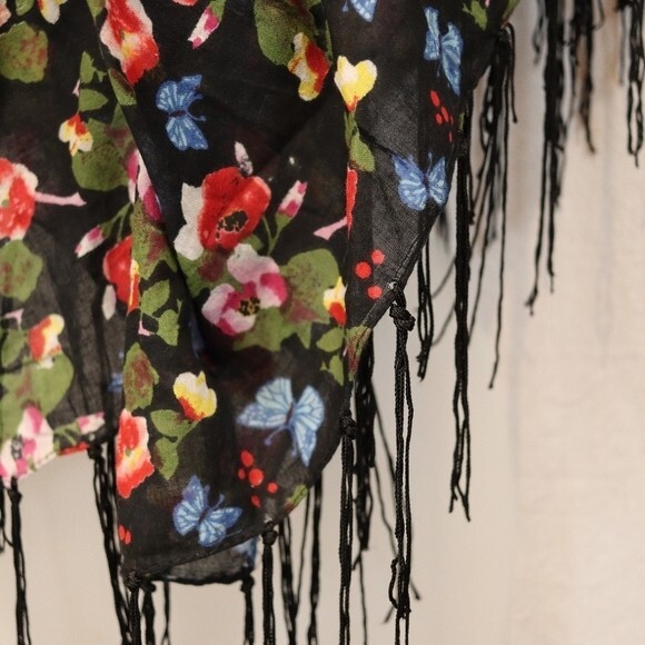 Black Floral Butterfly Fringe Scarf Large Wrap Scarf - Picture 3 of 6